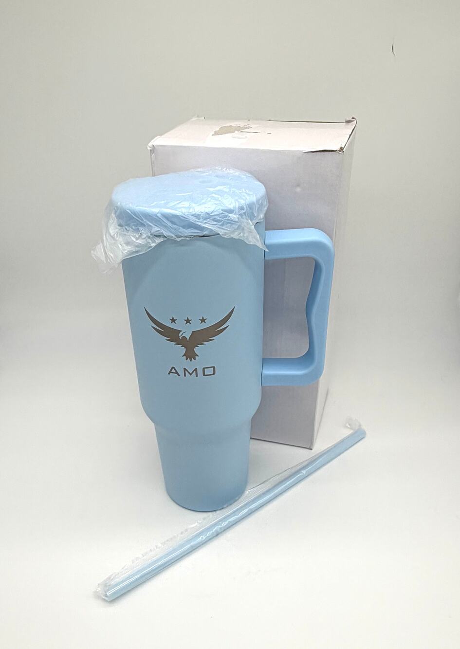 AMO 40oz Insulated Stainless Steel Tumbler Blue Handle Lid Straw Travel Mug New
